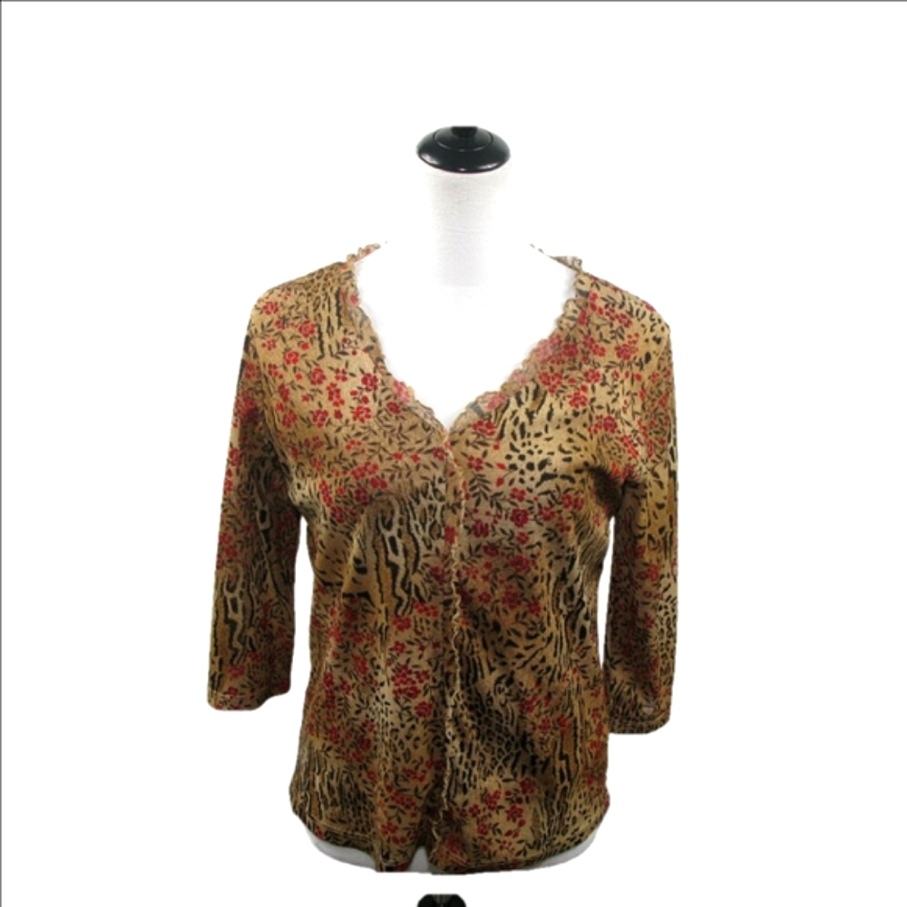 JKLA Vintage Floral/Animal Print 3/4 Sleeve Top/Blouse Size Large